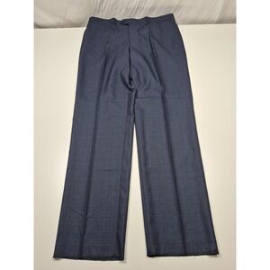 VTG Leonardo Valenti Dress Pants Mens 42x37 Blue Wool Flat Front Plaid Unhemmed